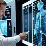 A dynamic, modern corporate scene depicting digital transformation. One side shows traditional paper-based processes subtly shifting into a futuristic digital interface with holographic data visualizations and AI integration. Employees are seen collaborating actively with advanced tech tools, emphasizing improved customer experience and efficiency. Bright, innovative, high-tech aesthetic with a sense of seamless evolution.