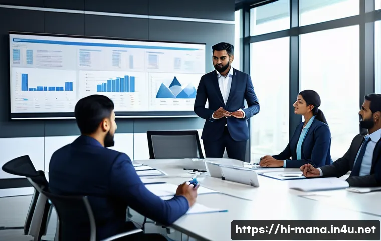 경영지도사와 투자 계획 분석 - A professional Indian business meeting scene with diverse team members discussing strategic planning...