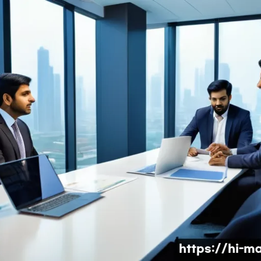 경영지도사와 고객 맞춤형 컨설팅 - A modern Indian business meeting scene set in a sleek office with large windows showing a bustling c...