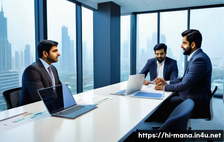 경영지도사와 고객 맞춤형 컨설팅 - A modern Indian business meeting scene set in a sleek office with large windows showing a bustling c...