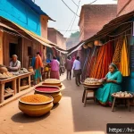 Home 21 경영지도사와 지역 경제 활성화 프로젝트 - A vibrant local artisan market scene in an Indian town, showcasing skilled craftspeople wearing trad...