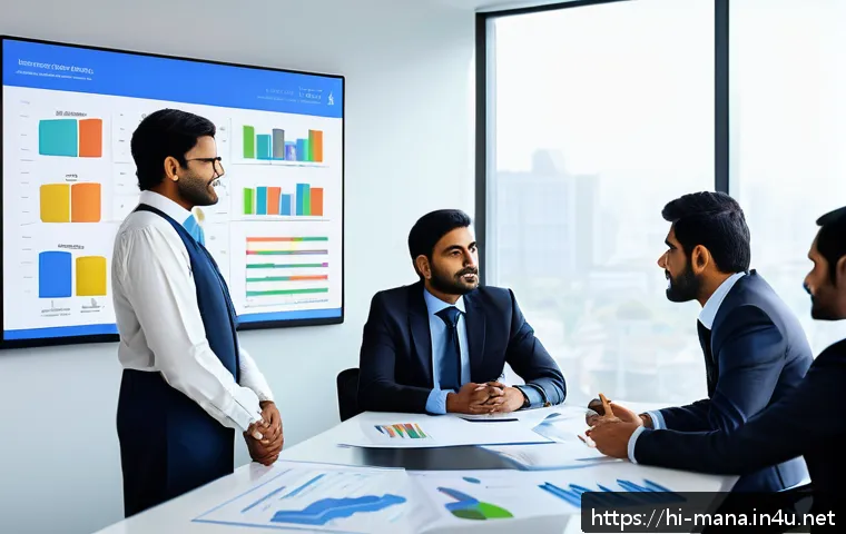 경영지도사와 컨설팅 보고서 작성 - A professional consulting office scene with a confident Indian business consultant presenting a clea...